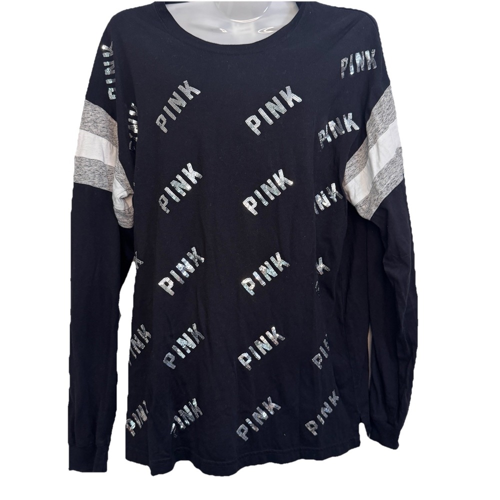 Victoria's Secret Pink Long-Sleeve Campus‎ TShirt, Black Bling Logo Pink Size S